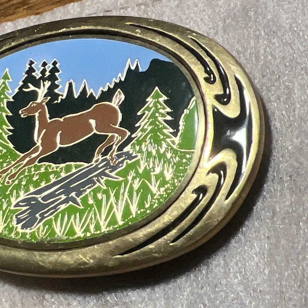 Vintage 1983 NAP Inc Solid Brass Belt Buckle–Enameled Leaping Deer Forest Scene